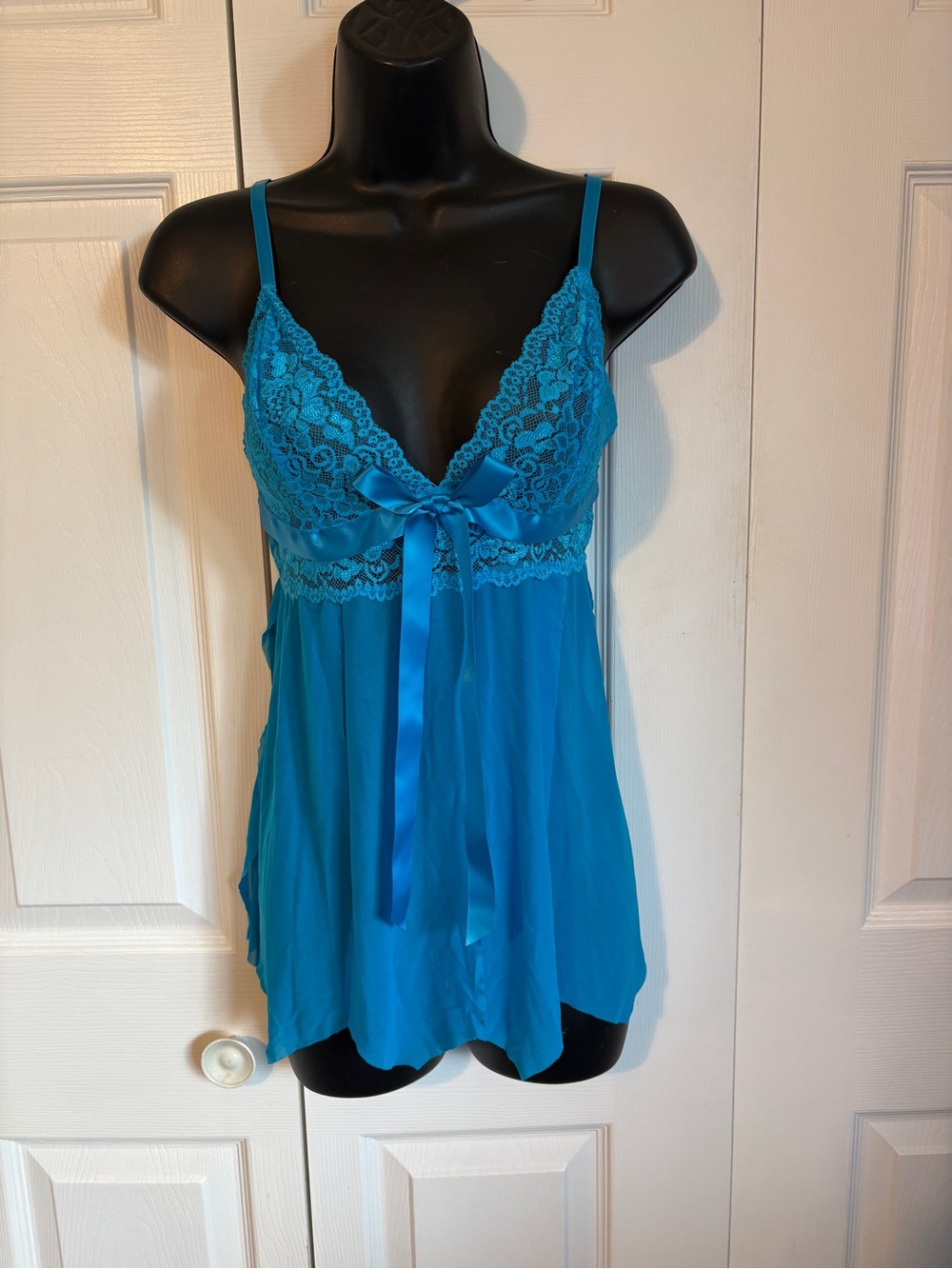 Blue Lace Trim Satin Babydoll Chemise - Women Intimates